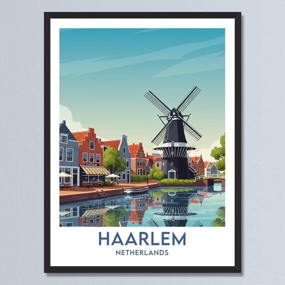 Haarlem Netherlands Canal Windmill Riverside Cafe Travel Poster