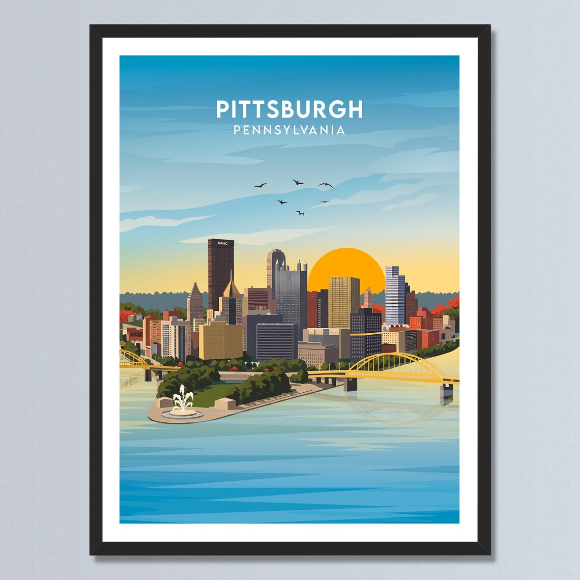 Pittsburgh Pennsylvania Skyline Bridge Golden Sunset River Poster