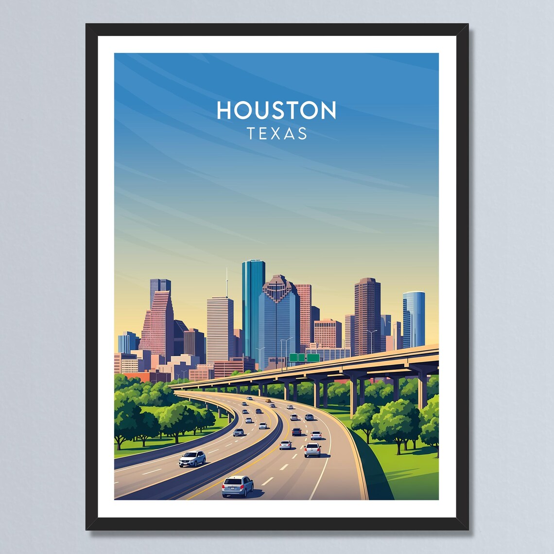 Houston Texas Highway Curves Toward City Towers Green Parkway Poster