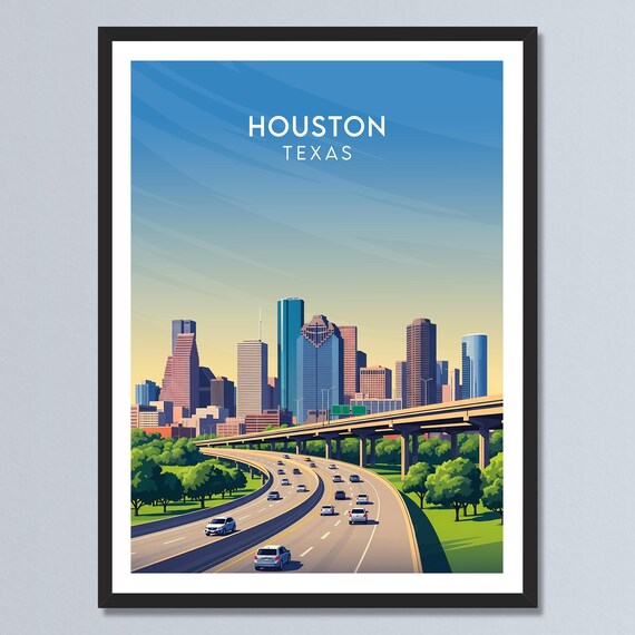 Houston Texas Highway Curves Toward City Towers Green Parkway Poster