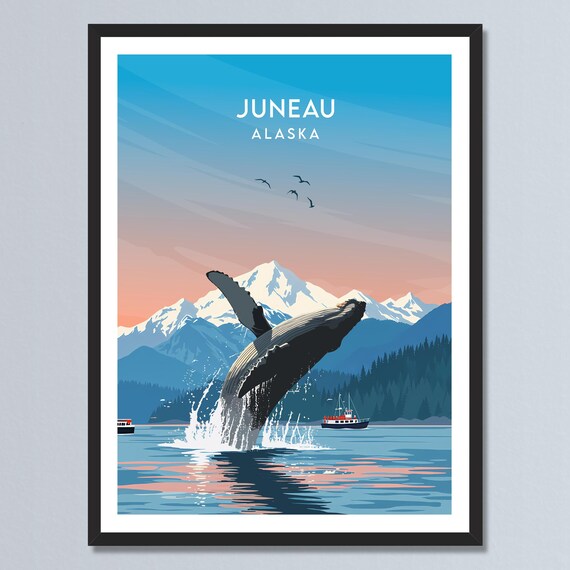 Juneau Alaska Travel Poster Breaching Humpback Whale Illustration Mountain Wall Art Personalized Print Home Decor Gift