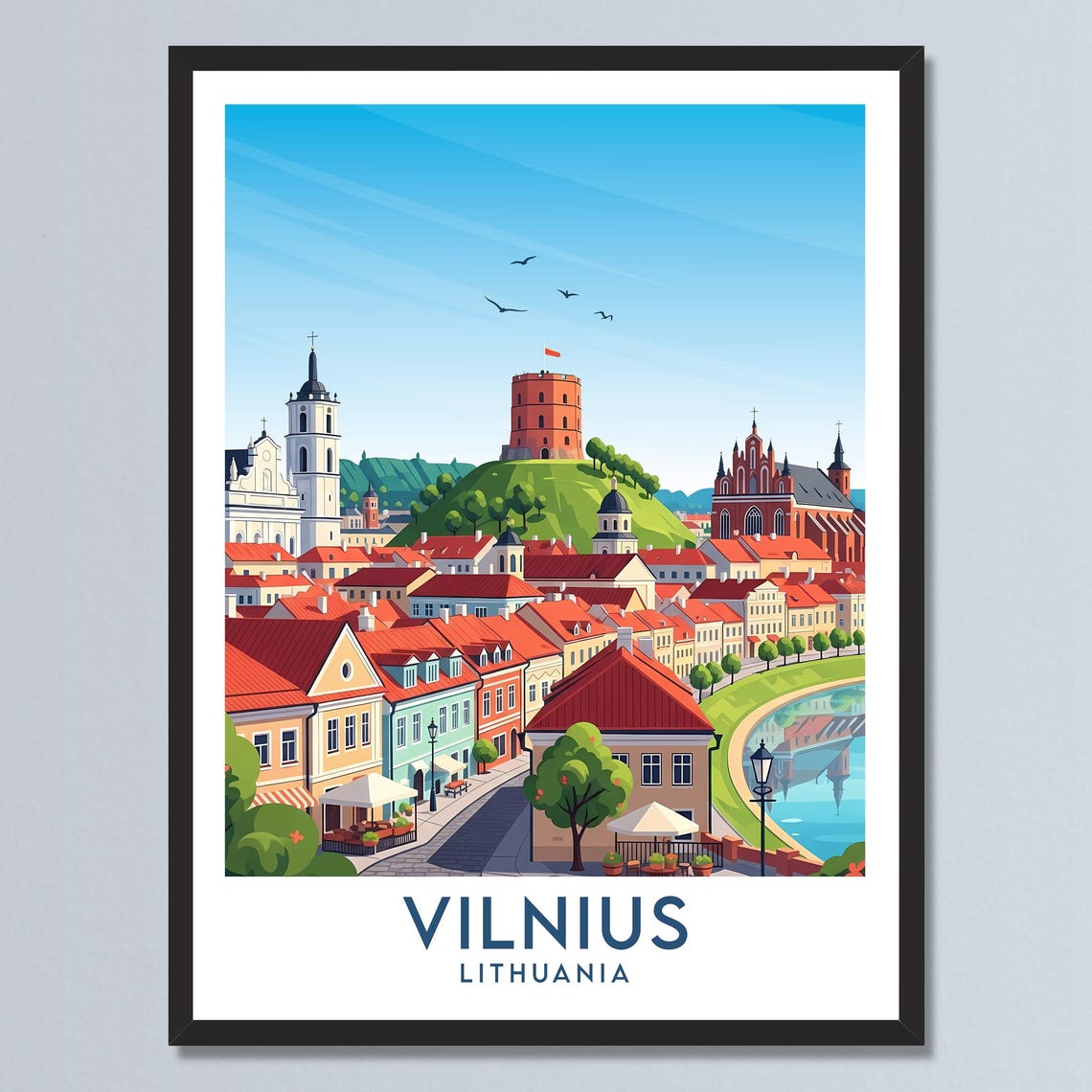 Vilnius Lithuania Old Town Red Roofs Hill Tower Travel Poster