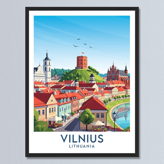 Vilnius Lithuania Old Town Red Roofs Hill Tower Travel Poster