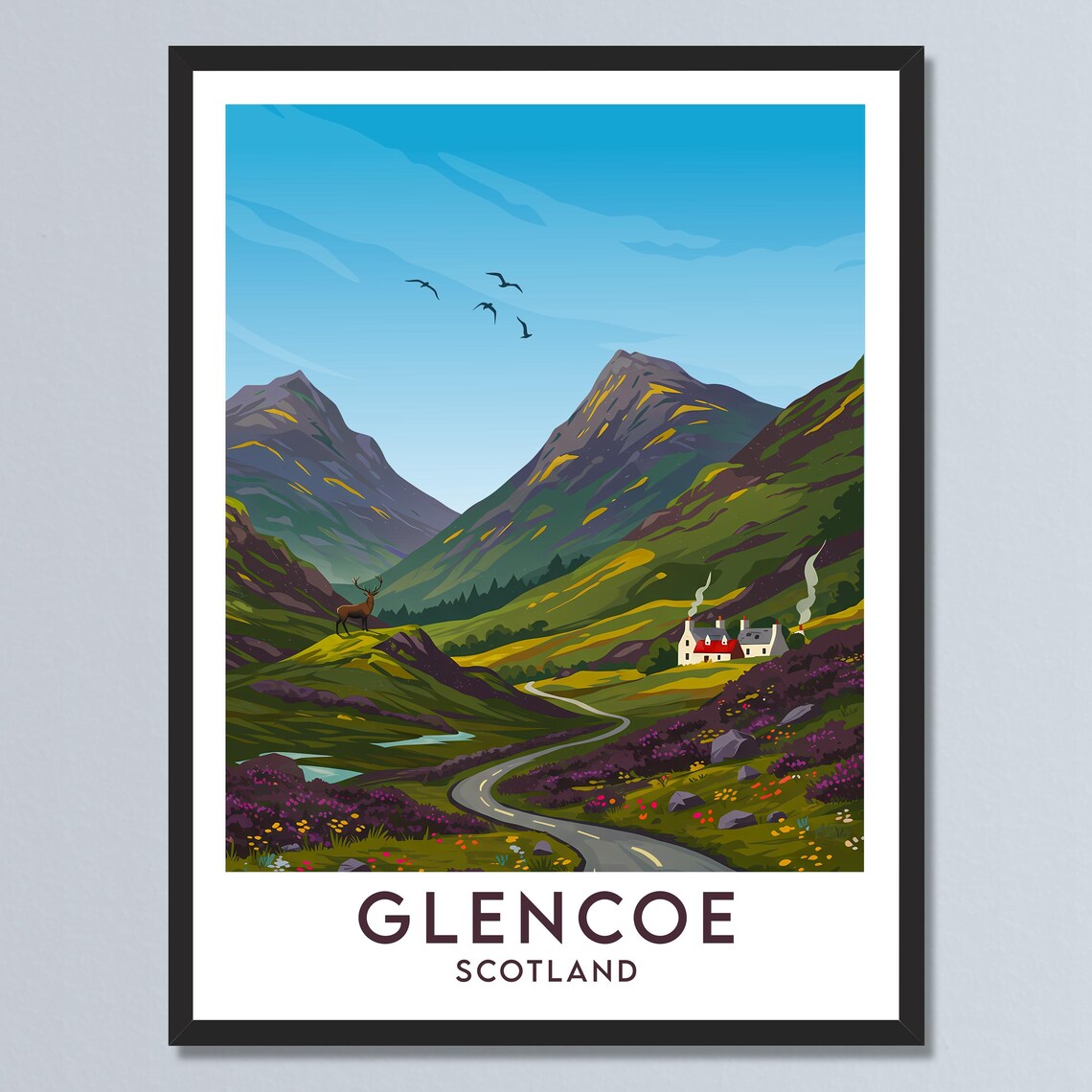 Glencoe Scotland Valley Road Stag Deer Highland Cottage Art Poster