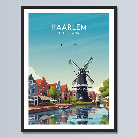 Haarlem Netherlands Windmill Canal Reflection Vintage Travel Poster