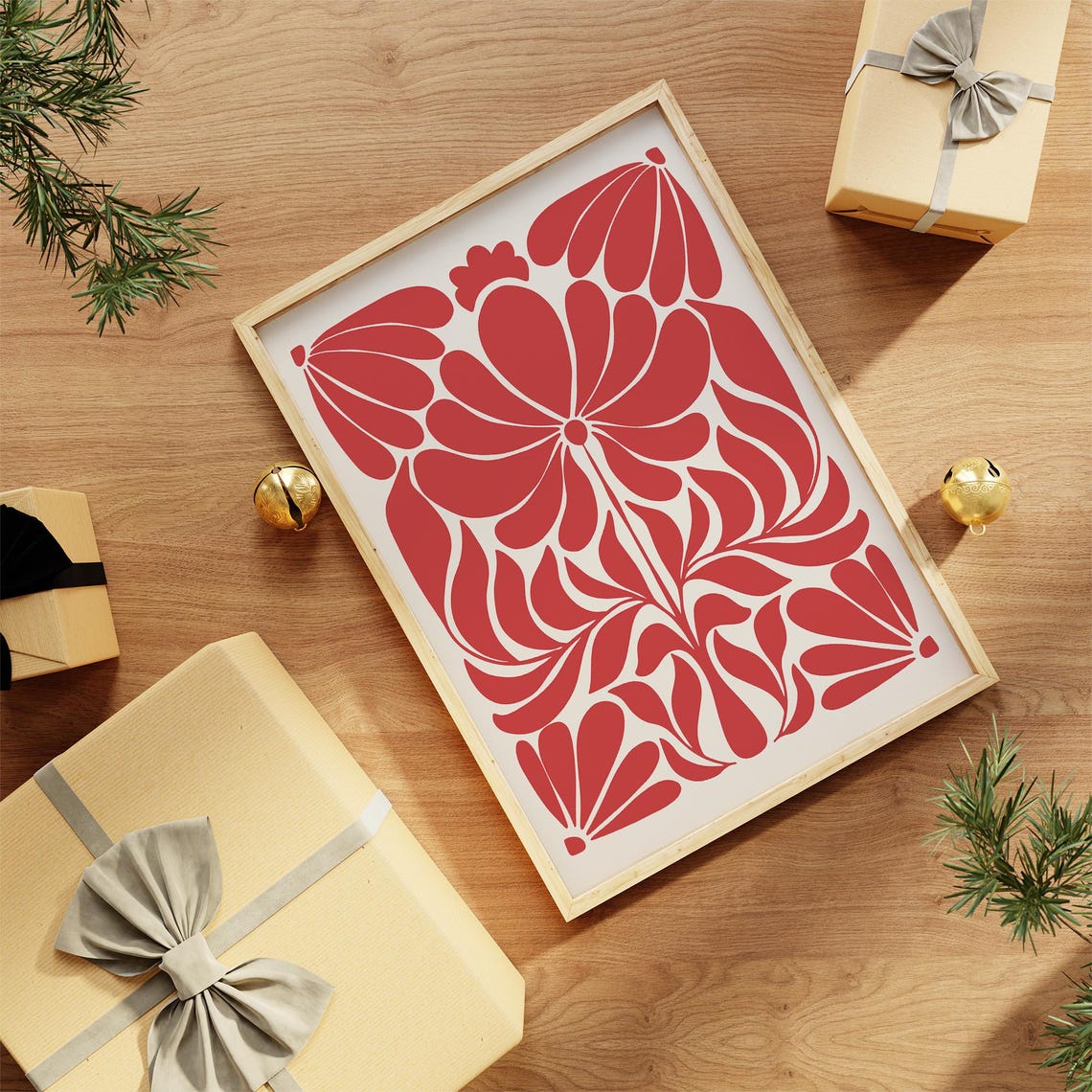 Red Scandinavian Floral Folk Art Symmetric Holiday Botanical Poster - Image 3
