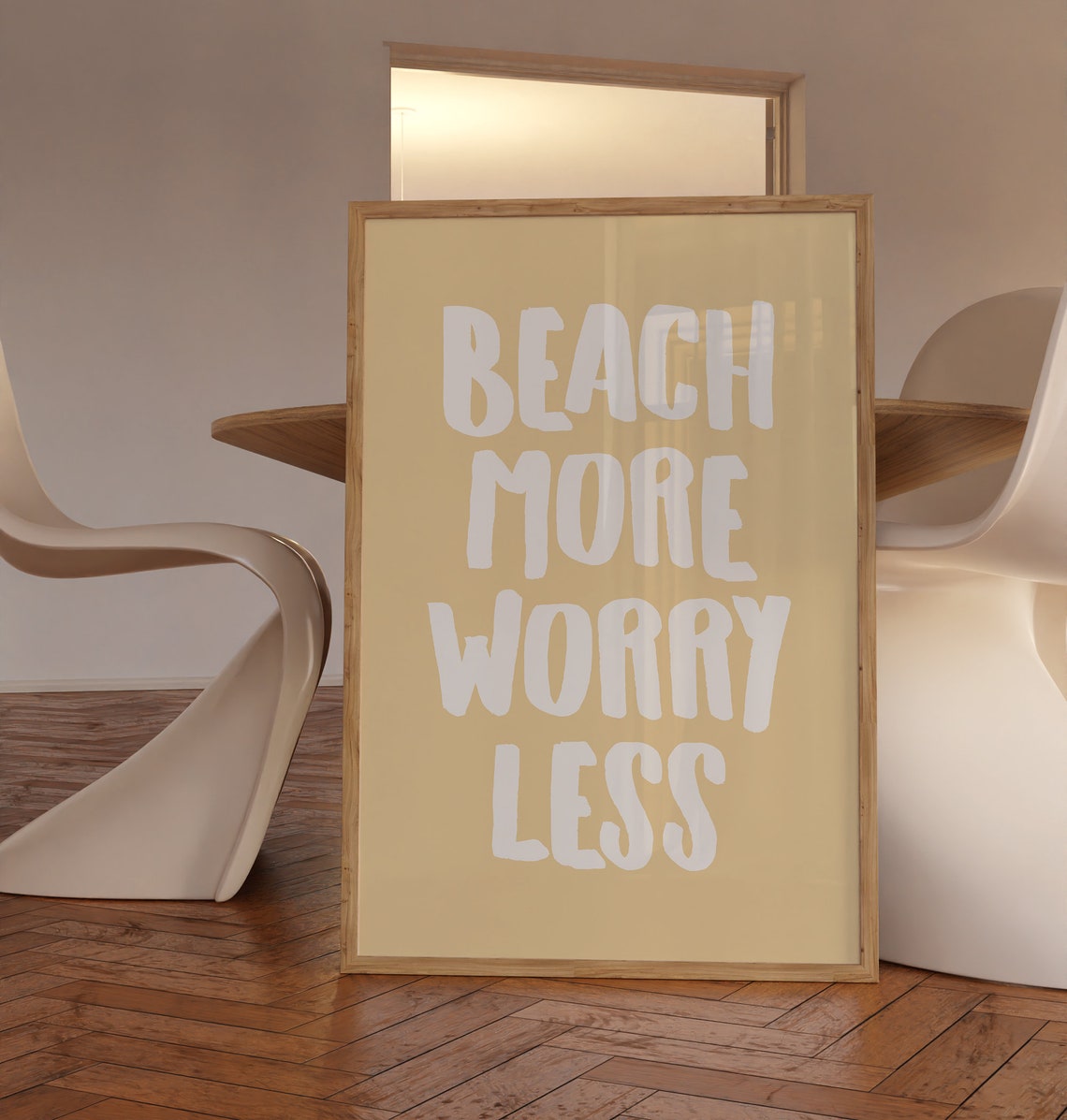 Beach More Worry Less Bold White Lettering Sandy Tan Wall Poster - Image 3