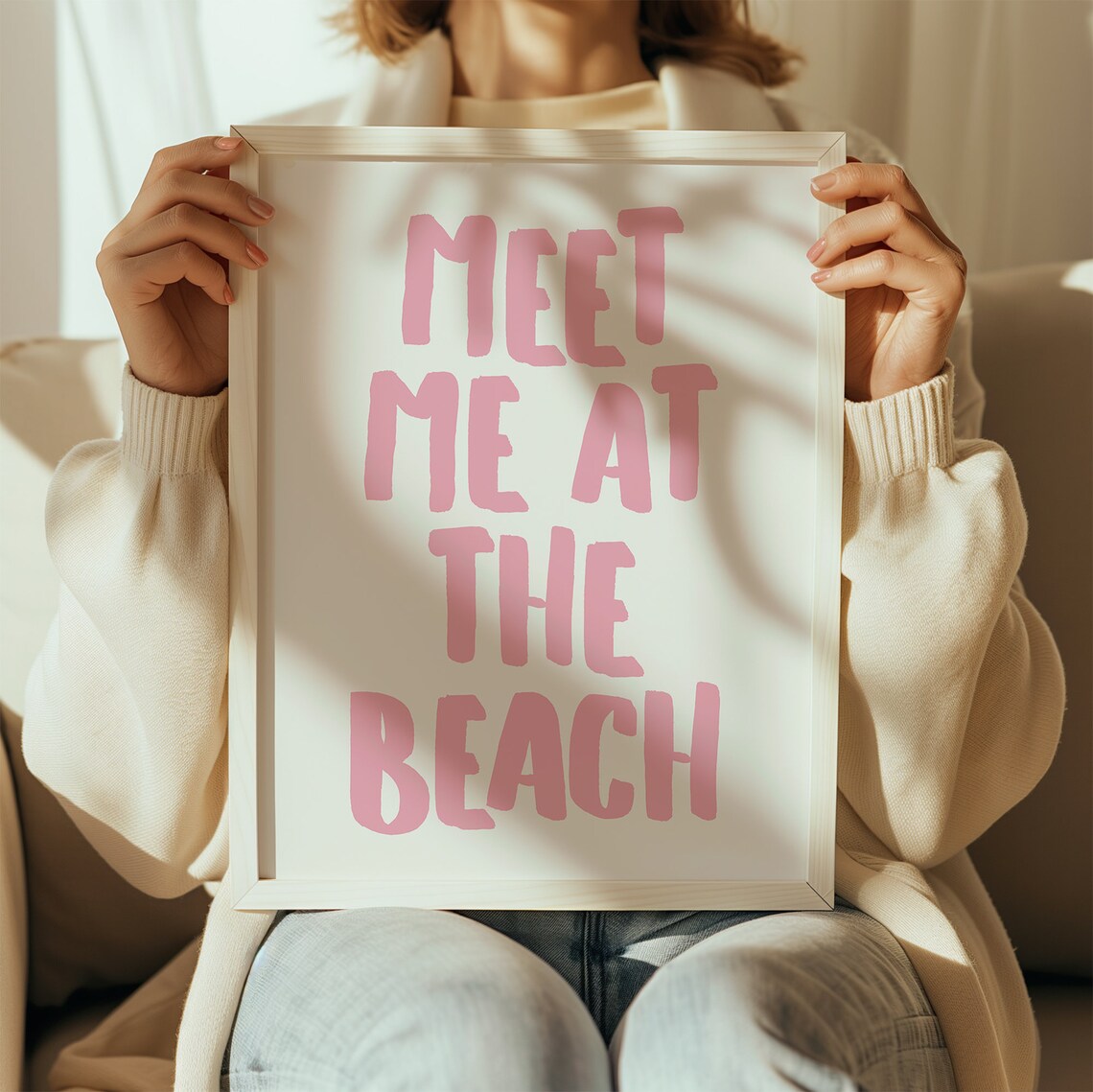 Meet Me At The Beach Pink Brush Lettered Coastal Wall Decor Gift Poster - Image 2