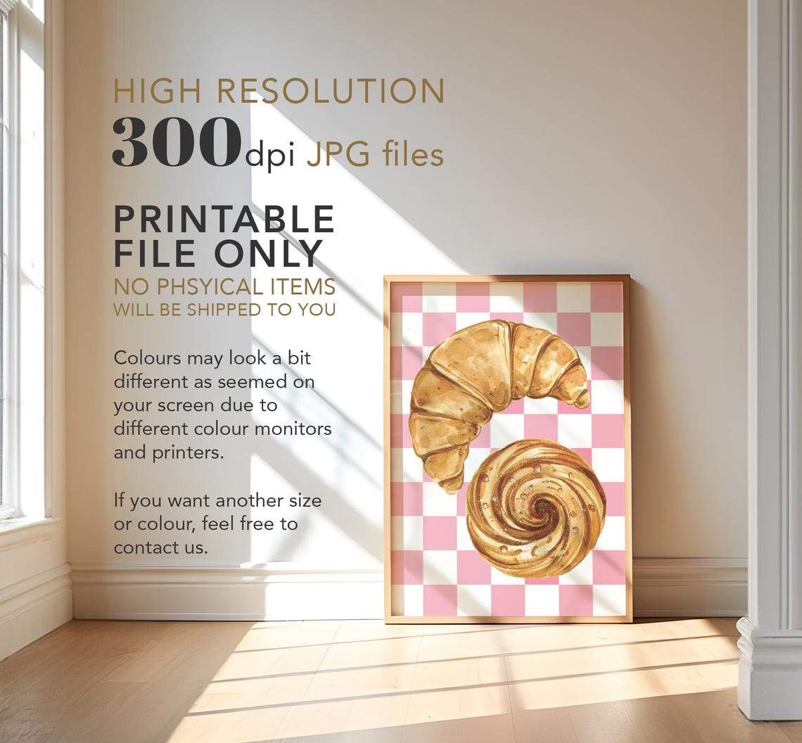 Croissant Cinnamon Roll Watercolor Pink Checker Cute Bakery Poster - Image 3