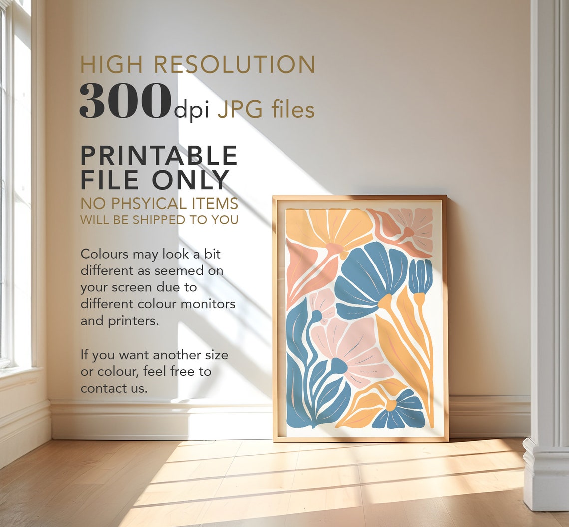Blue Peach Orange Abstract Floral Matisse Style Botanical Wall Poster - Image 3
