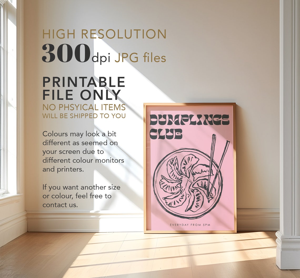 Dumplings Club Pink Retro Chopsticks Kitchen Decor Wall Poster - Image 3