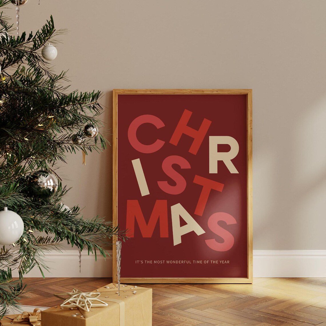 Christmas Scattered Letters Burgundy Red Modern Holiday Word Art Poster - Image 2