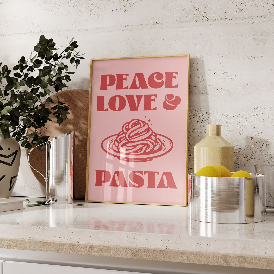 Peace Love And Pasta Retro Pink Kitchen Art With Pasta Plate Poster - Image 3
