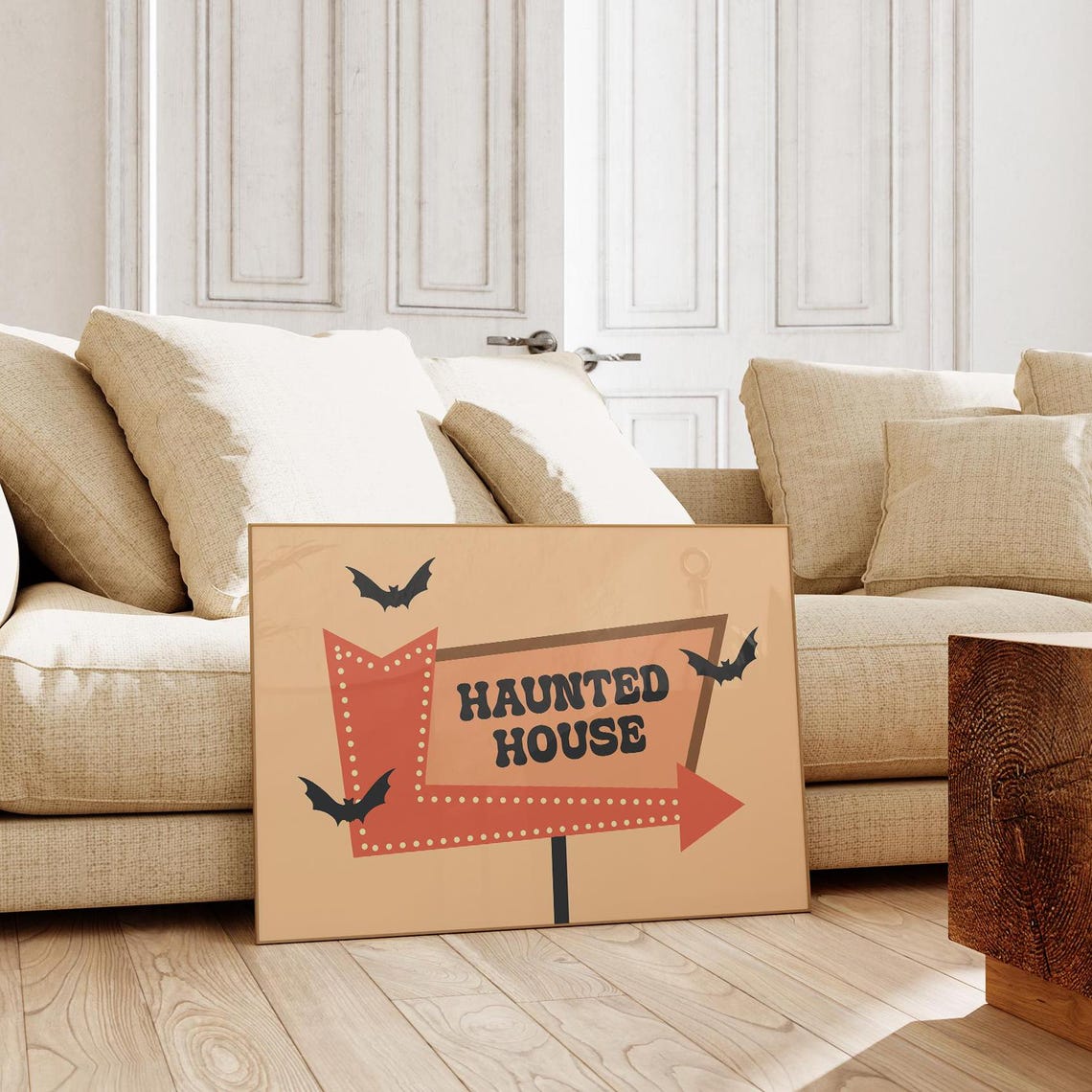 Haunted House Retro Marquee Arrow Sign Bats Halloween Wall Poster - Image 2