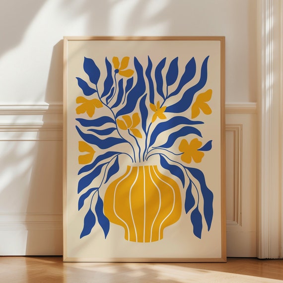 Abstract Botanical Art Print Yellow Blue Boho Flower Poster Vintage Floral Wall Decor