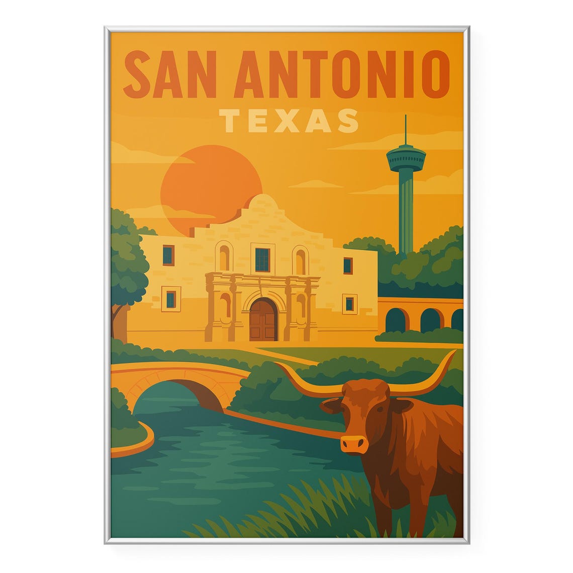 San Antonio Texas Alamo Longhorn Vintage Sunset Travel Poster