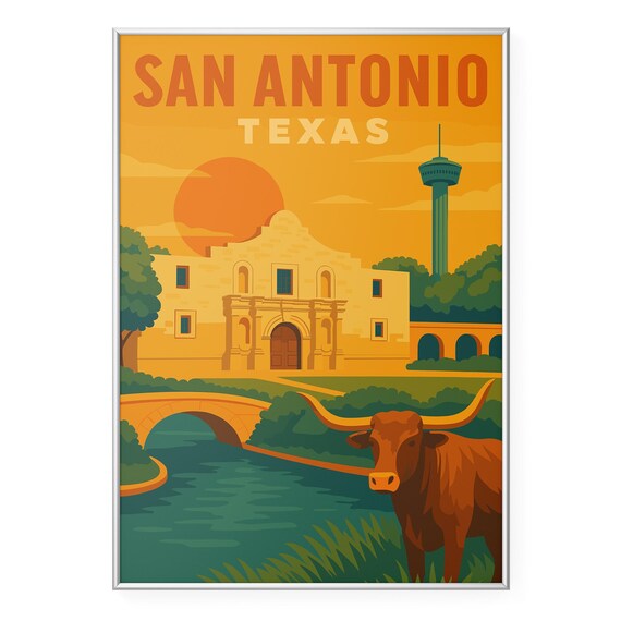 San Antonio Texas Alamo Longhorn Vintage Sunset Travel Poster
