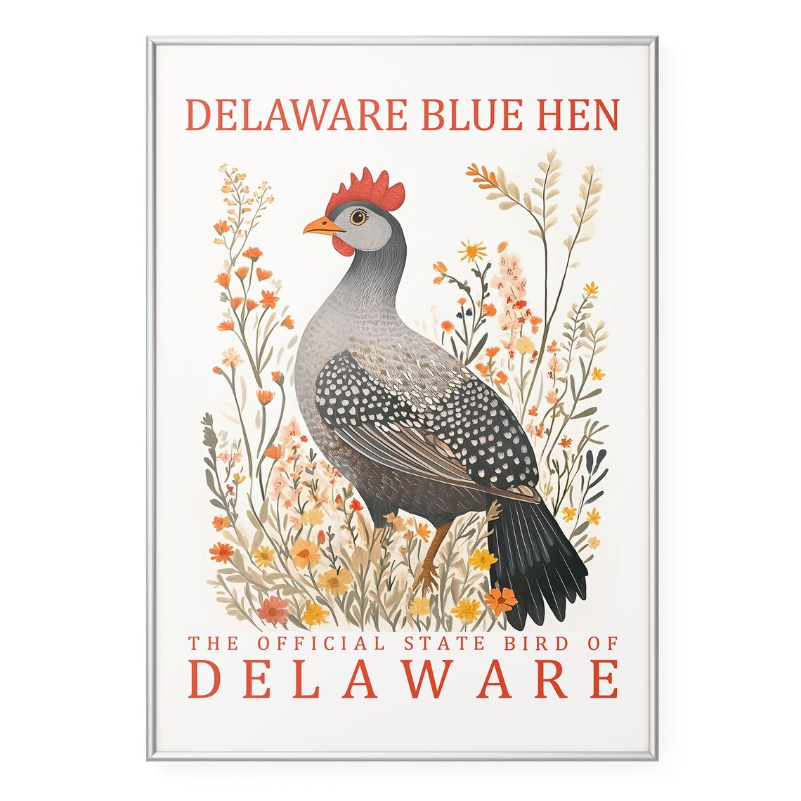 Delaware Blue Hen Wall Art Print State Bird Poster Vintage Wildlife Artwork Rustic Botanical Illustration Decor