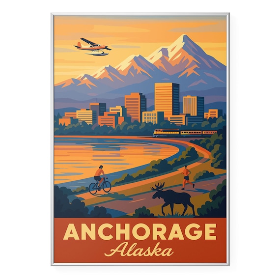 Anchorage Alaska Retro Travel Poster with Coastal Trail and Moose
