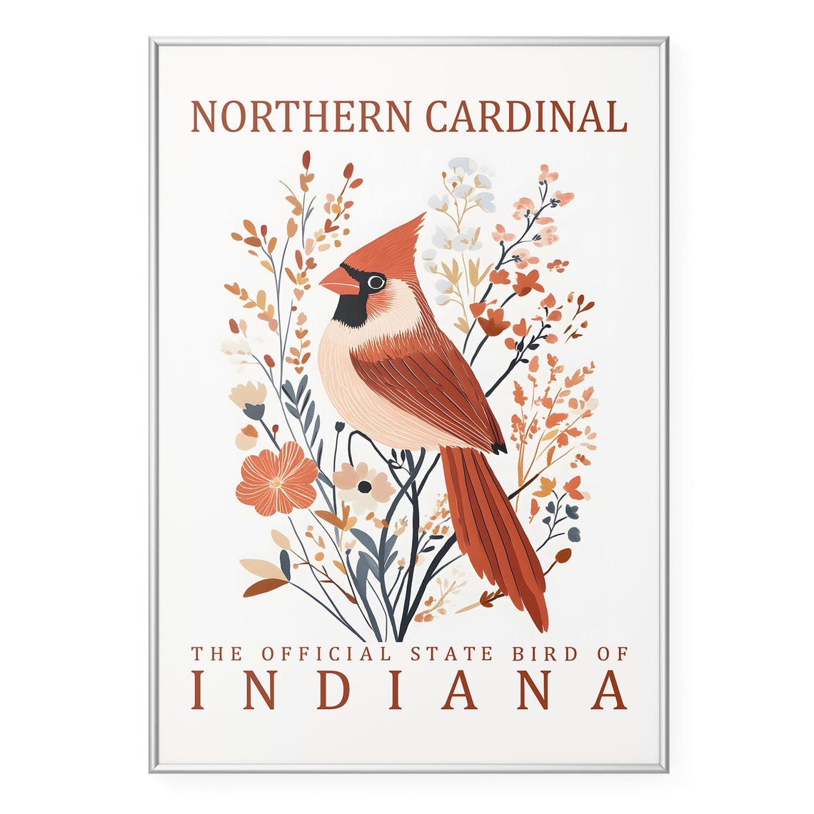 Northern Cardinal Indiana State Bird Vintage Botanical Poster