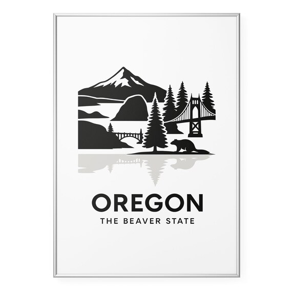 Oregon The Beaver State Mountain Beaver Silhouette Art Poster