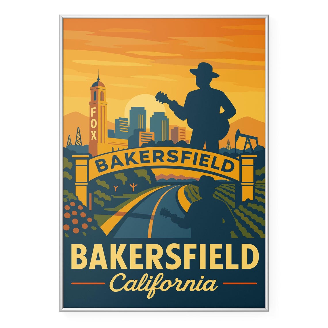 Bakersfield California Sunset Retro Travel Poster Guitar Artwork