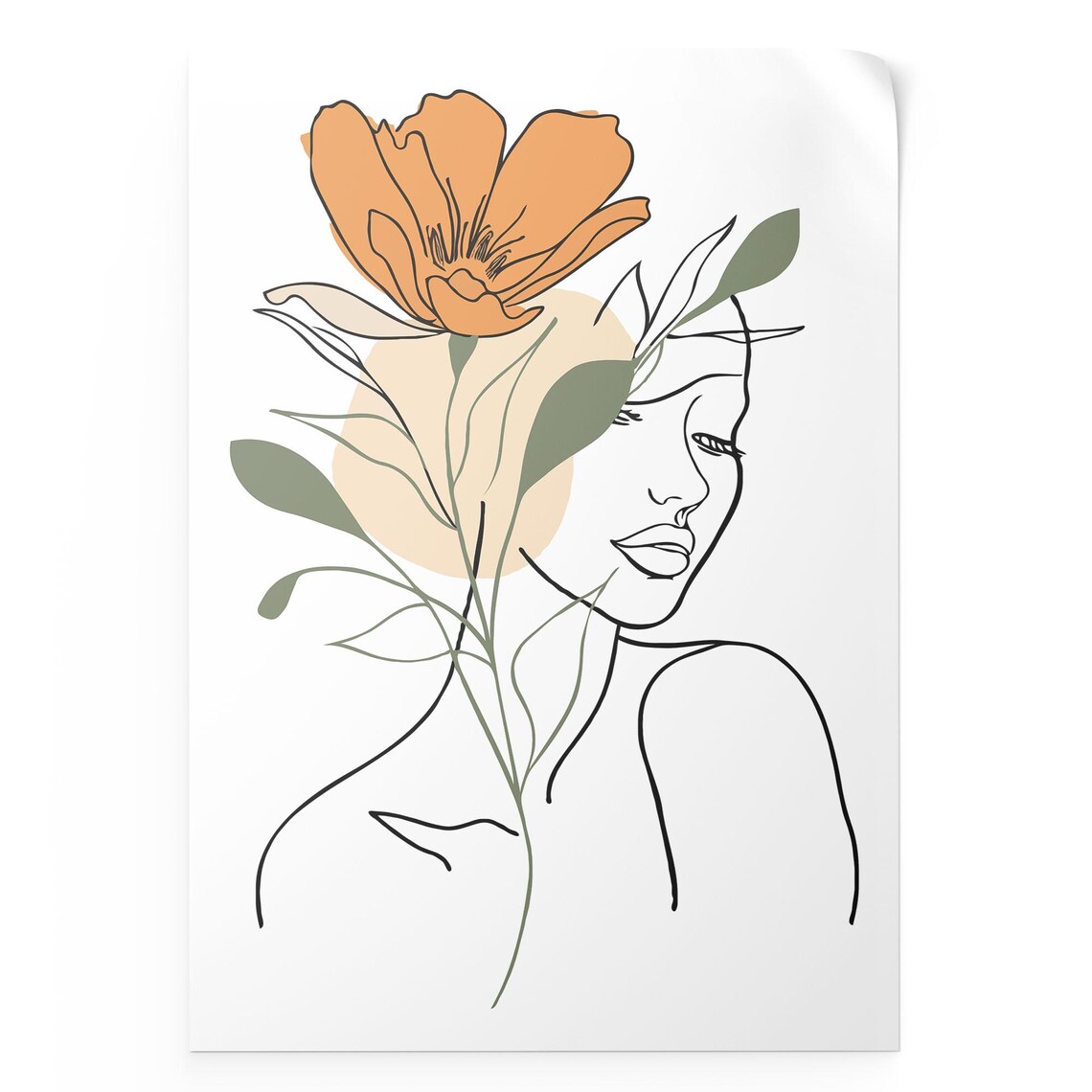 Woman Profile Line Art With Poppy And Sage Leaves Boho Wall Art
