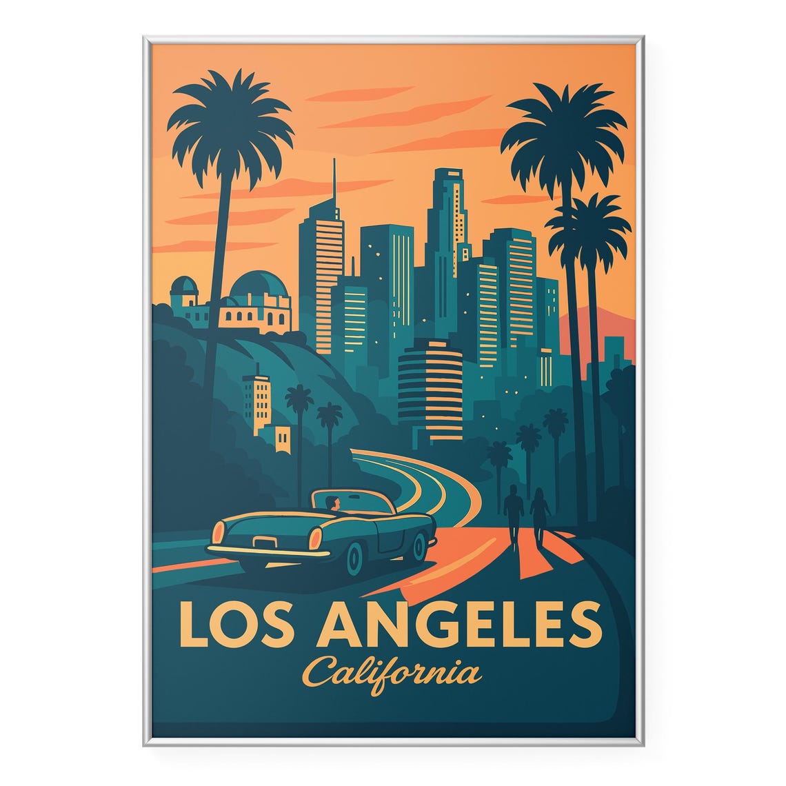 Retro Los Angeles Sunset Skyline Palm Tree California Travel Poster
