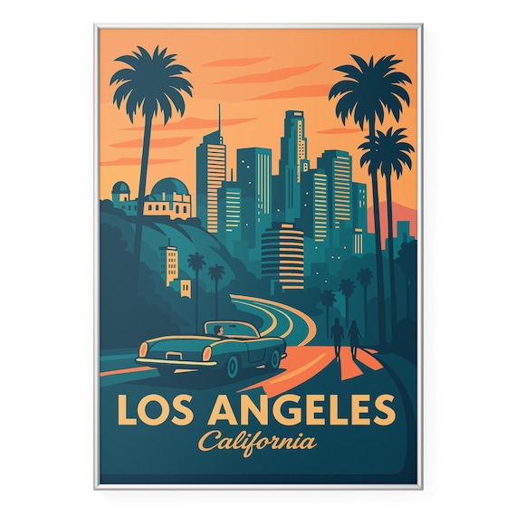 Retro Los Angeles Sunset Skyline Palm Tree California Travel Poster