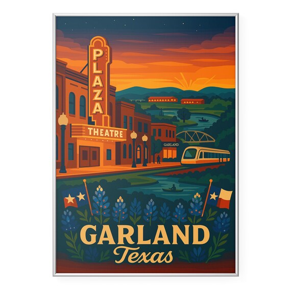 Garland Texas Historic Plaza Theatre Vintage Sunset Art Poster