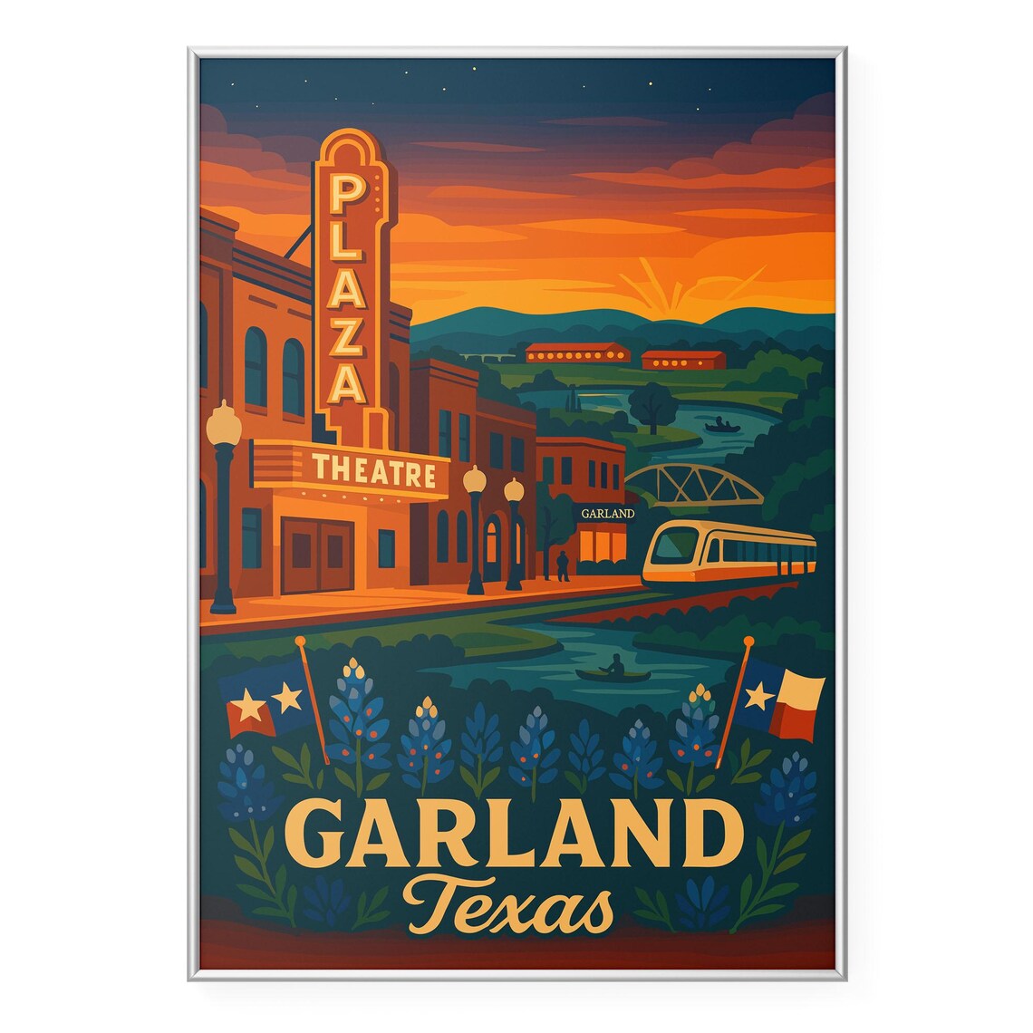 Garland Texas Historic Plaza Theatre Vintage Sunset Art Poster