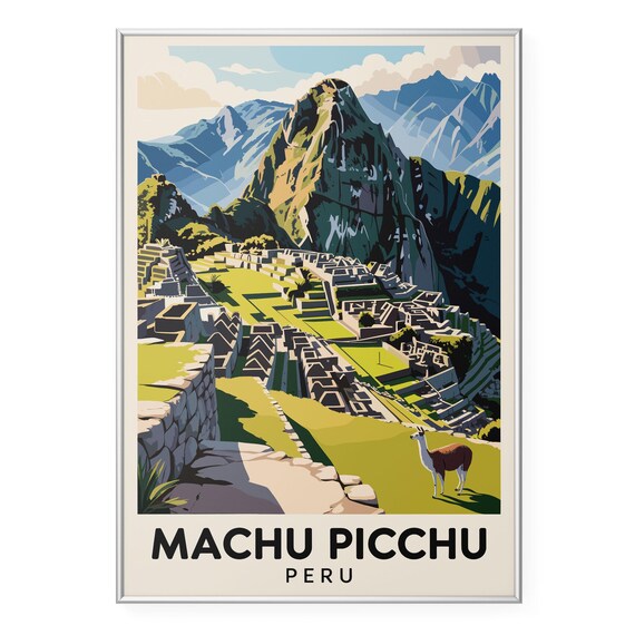 Machu Picchu Peru Ancient Ruins Travel Poster with Llama and Peak