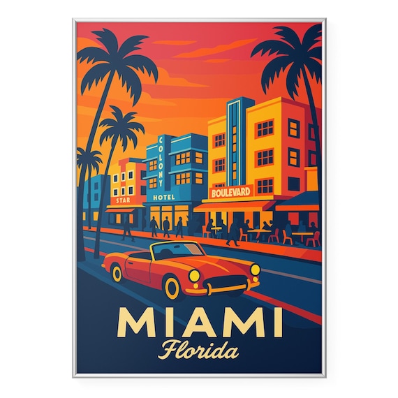 Miami Florida Sunset Art Deco Ocean Drive Retro Travel Poster
