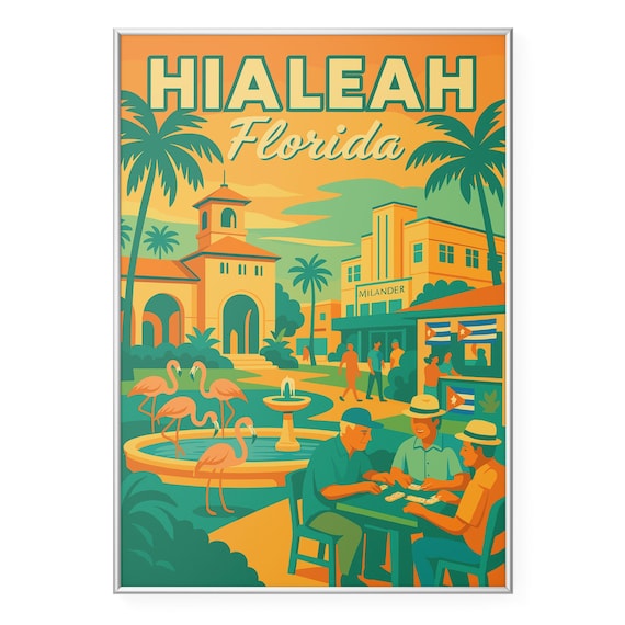 Hialeah Florida Cuban Dominoes Flamingos Retro Travel Poster