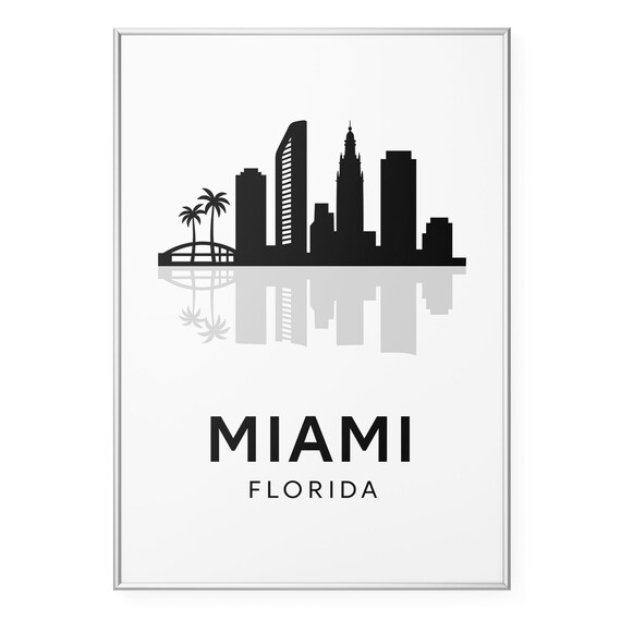 Miami Florida City Skyline Palm Trees Black Silhouette Poster