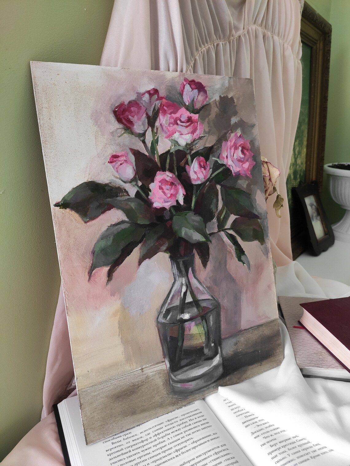 Fresh Pink Roses in Glass Vase Romantic Floral Still Life Poster - Image 2
