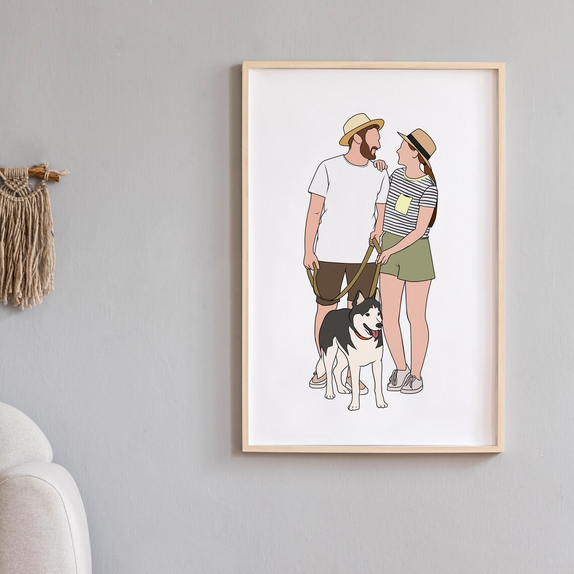 Custom Faceless Couple Portrait with Husky Dog Line Art Poster