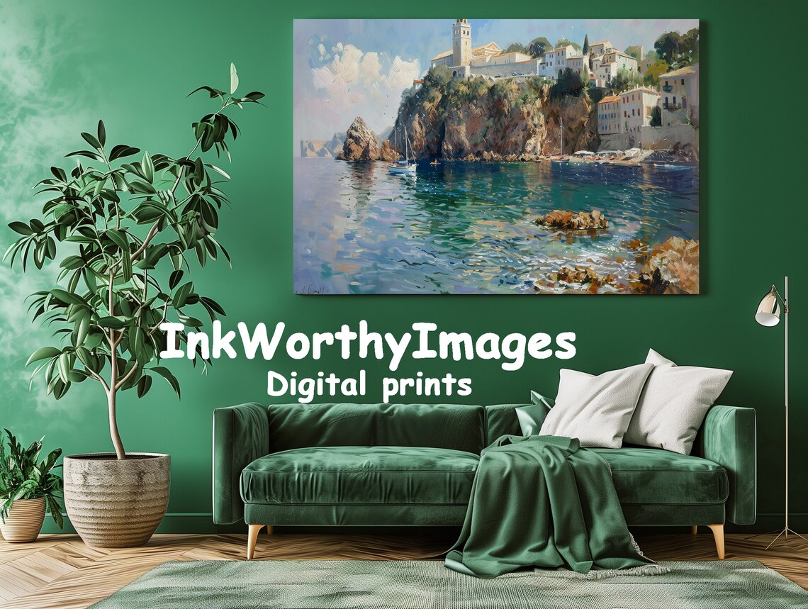Mediterranean Coastal Village Seascape, Travel Decor - Image 2