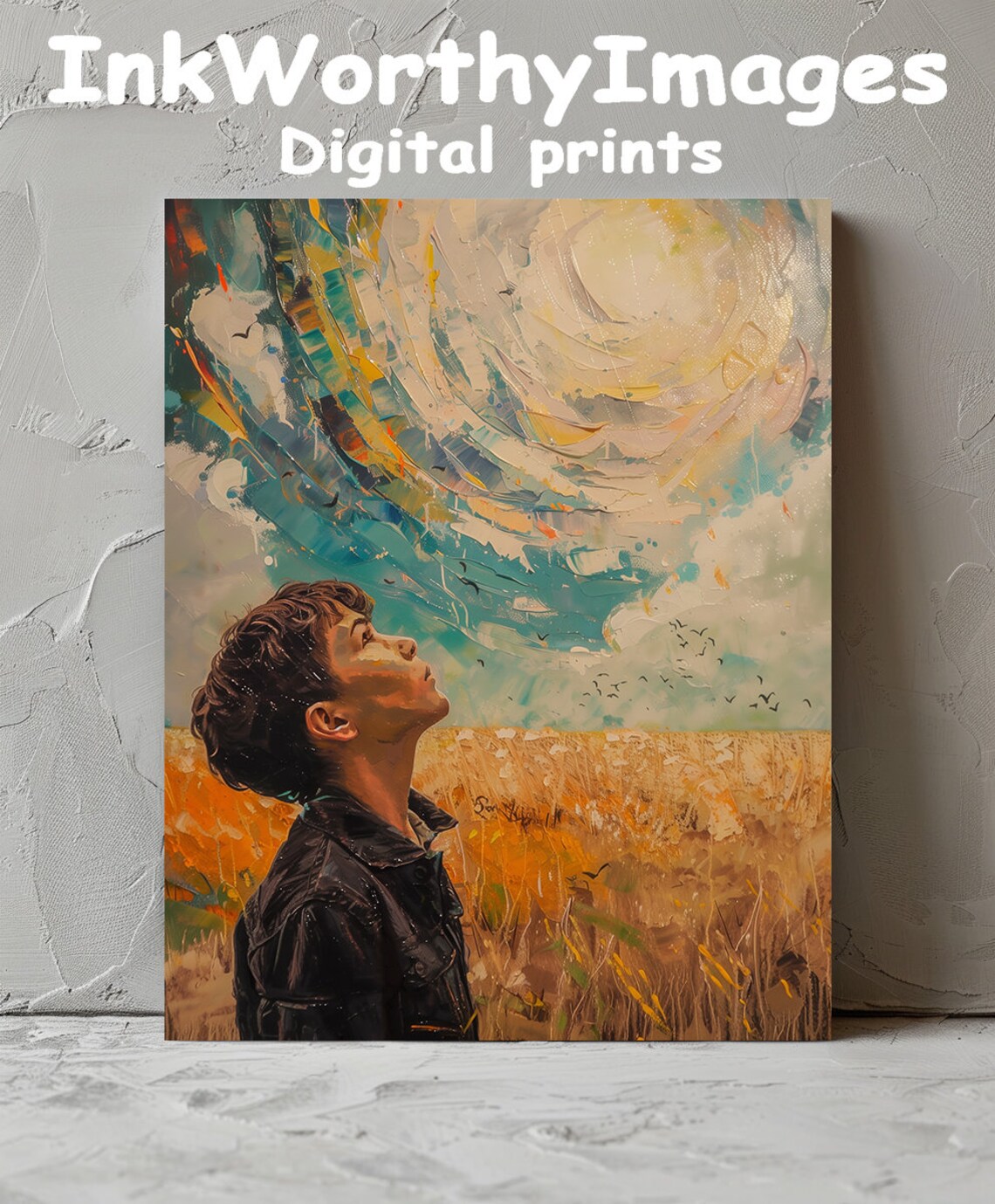 Boy Gazing At Swirling Sky, Inspirational Art Print