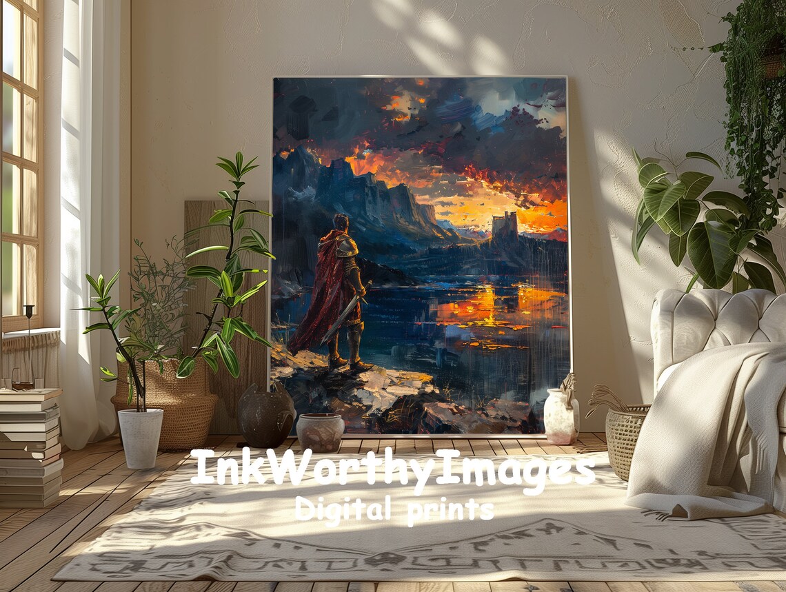 Epic Warrior Sunset Painting, Fantasy Landscape - Image 3