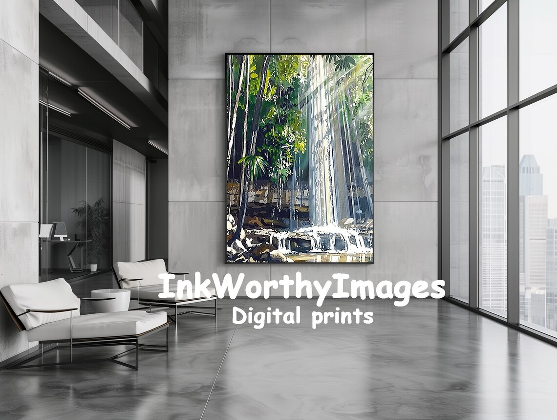 Sunlit Tropical Waterfall Jungle Serenity Art Print - Image 5