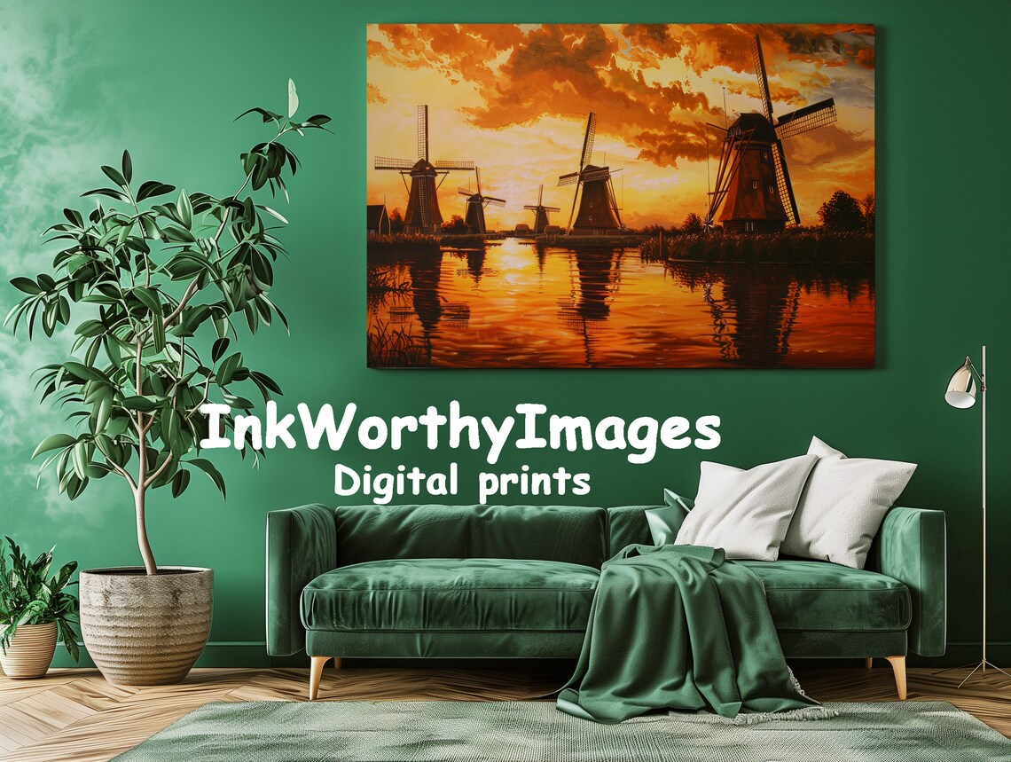 Golden Windmill Sunset, Dutch Windmills Landscape - Image 3