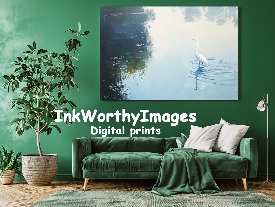 White Heron in Misty Lake, Serene Nature Landscape - Image 3
