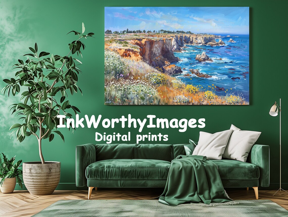 Majestic Coastal Cliffs Wildflowers Meadow Art Print - Image 3