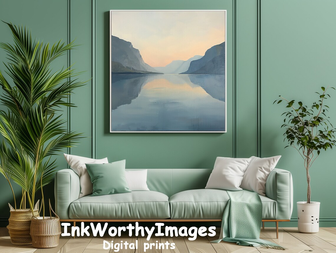 Serene Lake Sunset Landscape Painting, Calm Reflections - Image 5