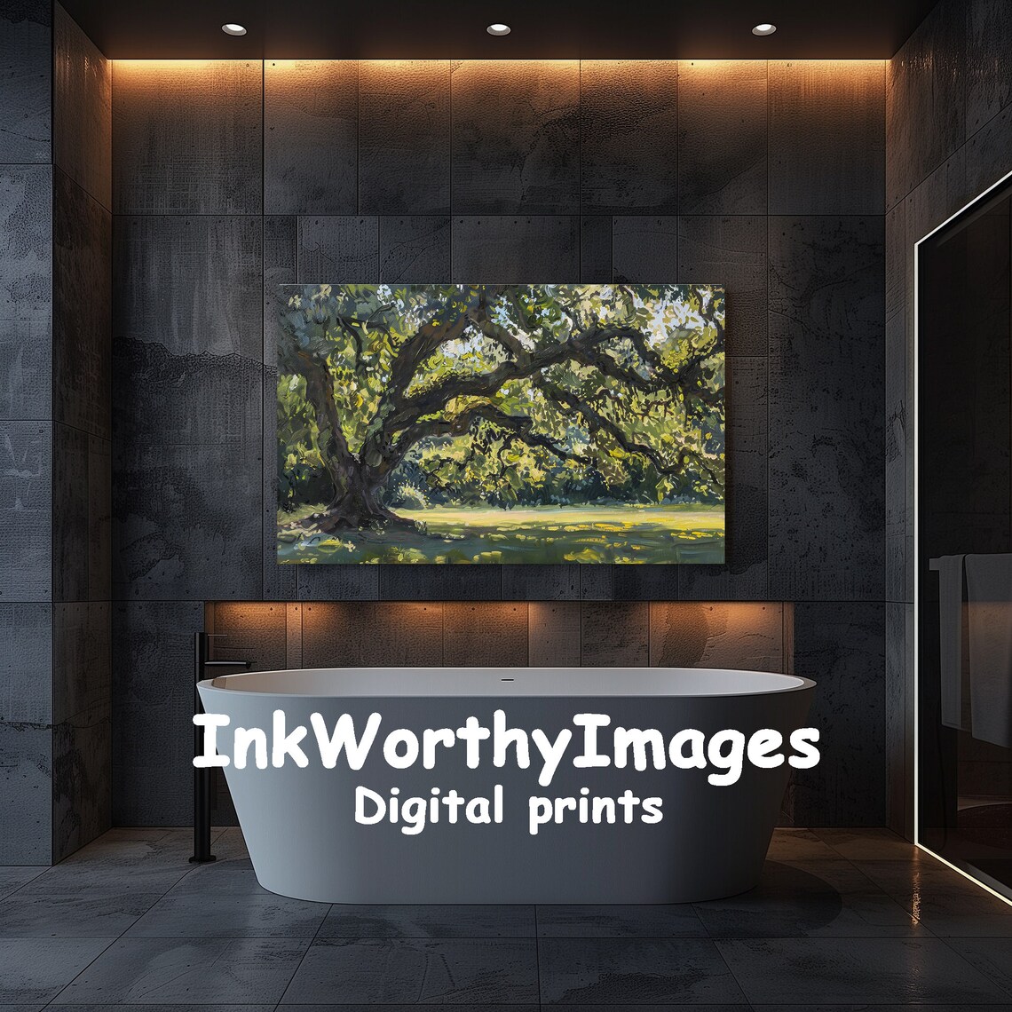 Majestic Oak Tree, Sunlit Forest Scene Art Print - Image 5