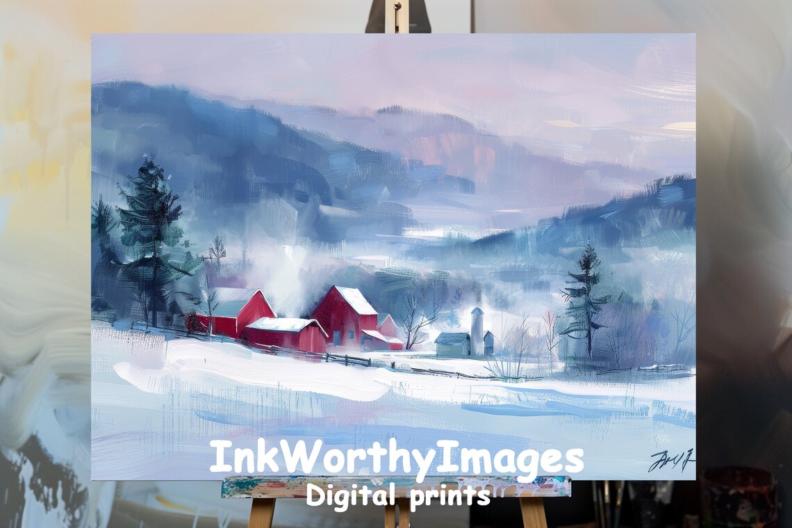 Snowy Farm Scene, Red Barn And Silo Winter Landscape