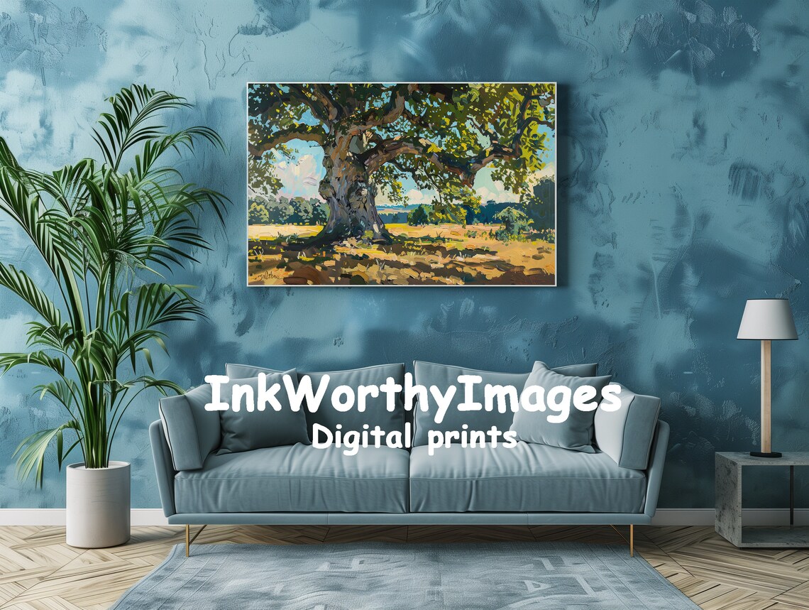 Grand Oak Tree in Sunlit Field, Nature Landscape - Image 2