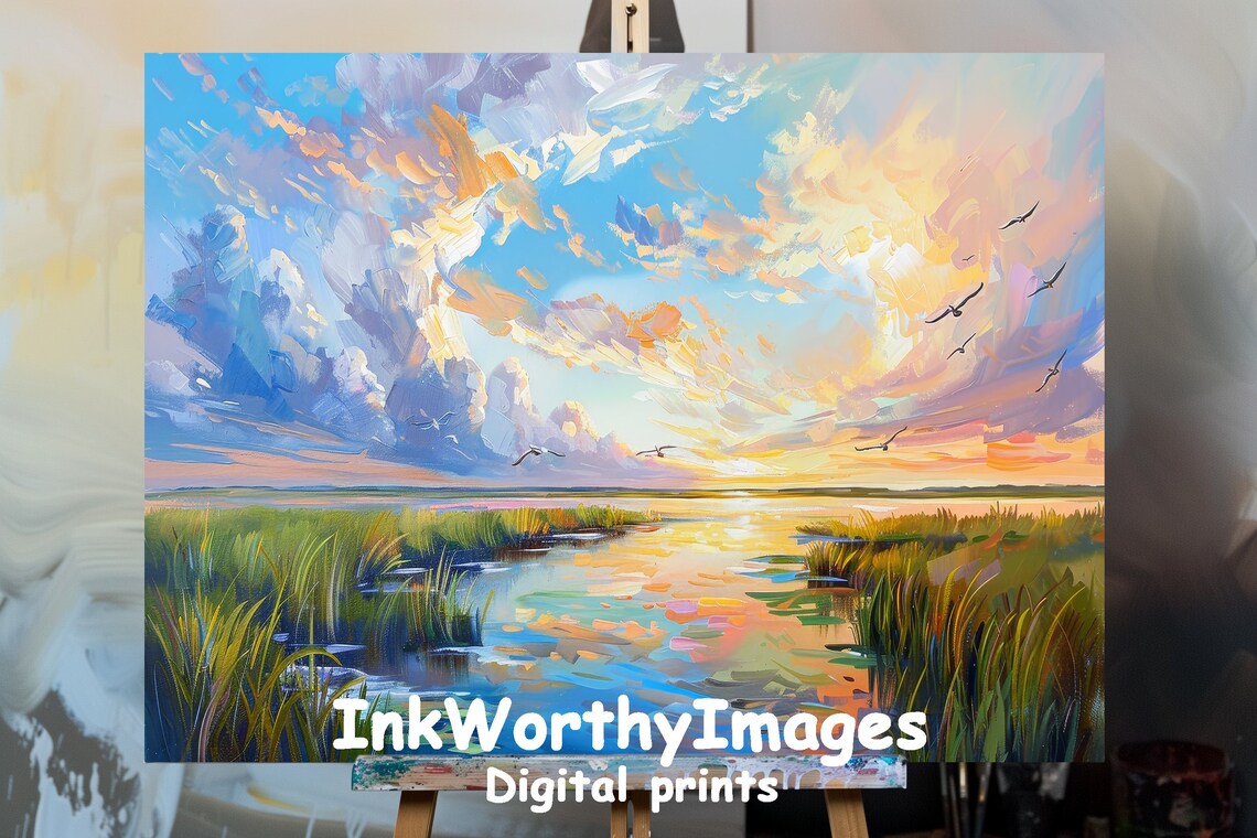 Colorful Sunset Over Marshlands, Vibrant Landscape