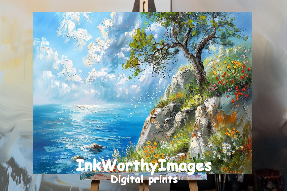 Olive Tree, Vibrant Wildflowers Ocean View Art Print